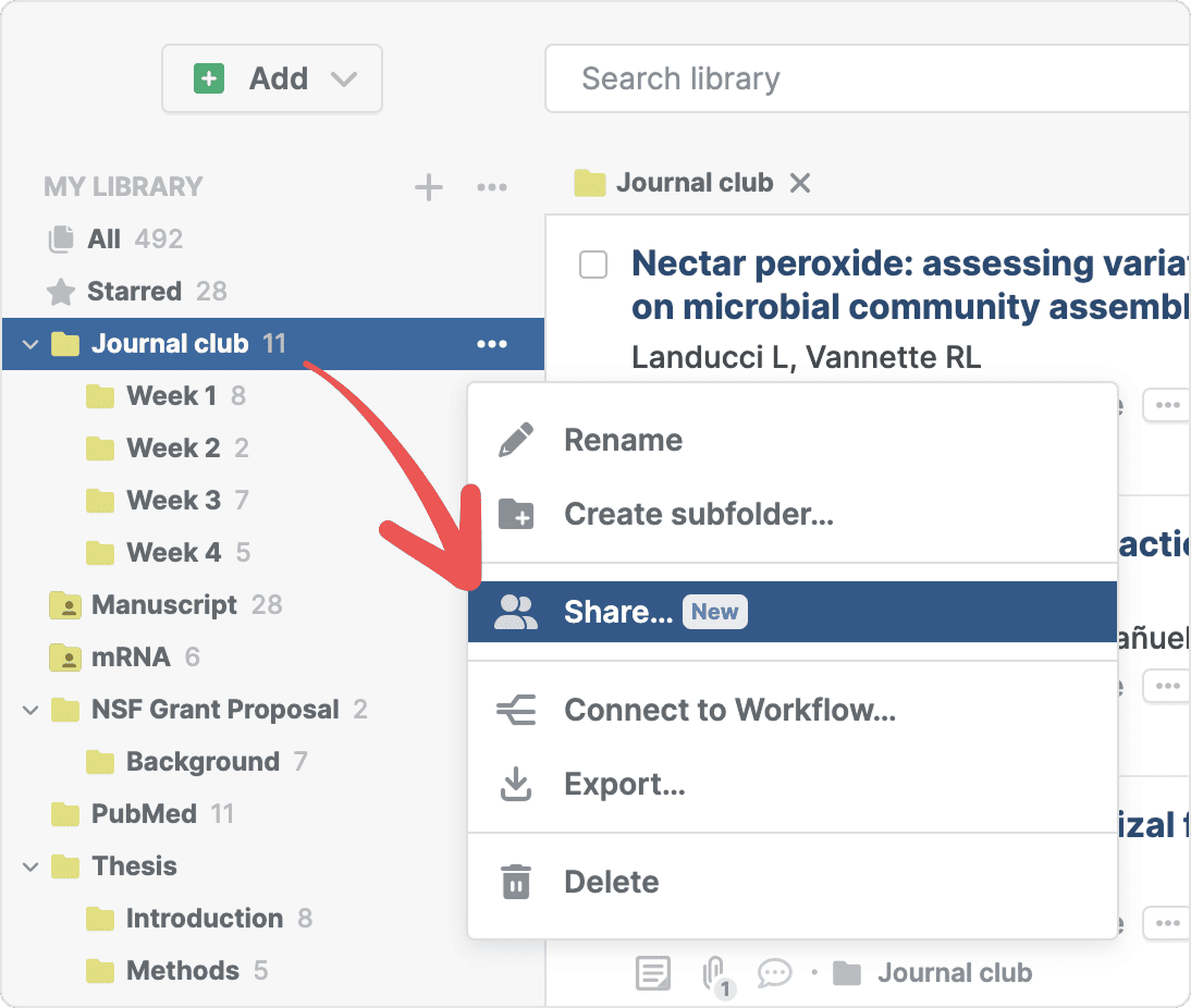 The Journal club folder’s three-dot menu in the sidebar with a red arrow pointing to the highlighted “Share…” option, which carries a New badge, between “Create subfolder…” and “Connect to Workflow…”